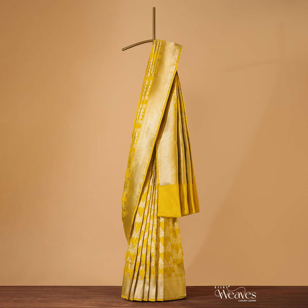 Yellow Handloom Banarasi Saree In Uppada Silk With Meenakari Weave And Unstitched Blouse