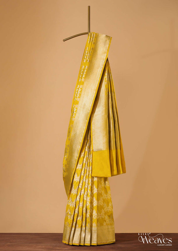 Yellow Handloom Banarasi Saree In Uppada Silk With Meenakari Weave And Unstitched Blouse