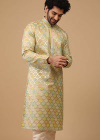 Yellow Handwoven Silk Printed Kurta Set