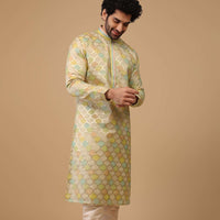 Yellow Handwoven Silk Printed Kurta Set