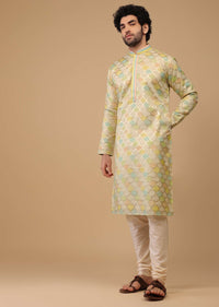 Yellow Handwoven Silk Printed Kurta Set
