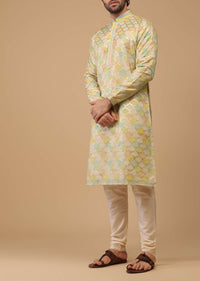Yellow Handwoven Silk Printed Kurta Set