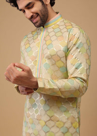 Yellow Handwoven Silk Printed Kurta Set