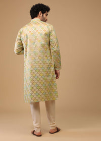 Yellow Handwoven Silk Printed Kurta Set