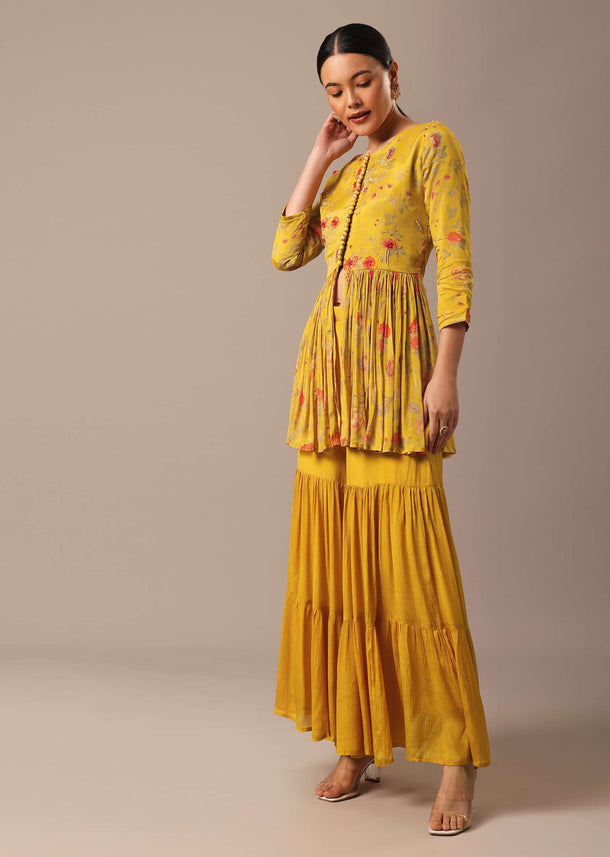 Yellow Indo Fusion Peplum And Sharara Set With Floral Prints