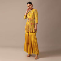 Yellow Indo Fusion Peplum And Sharara Set With Floral Prints