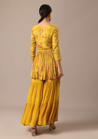 Yellow Indo Fusion Peplum And Sharara Set With Floral Prints