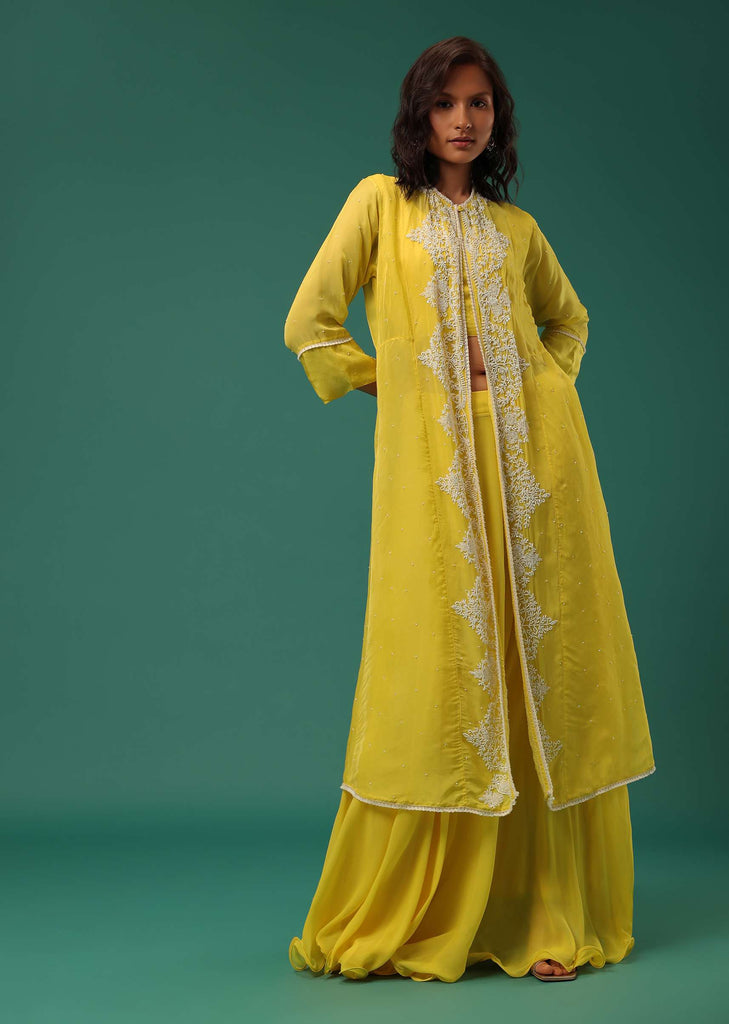 Yellow Indowestern Lehenga Set In Georgette With Embroidered Jacket