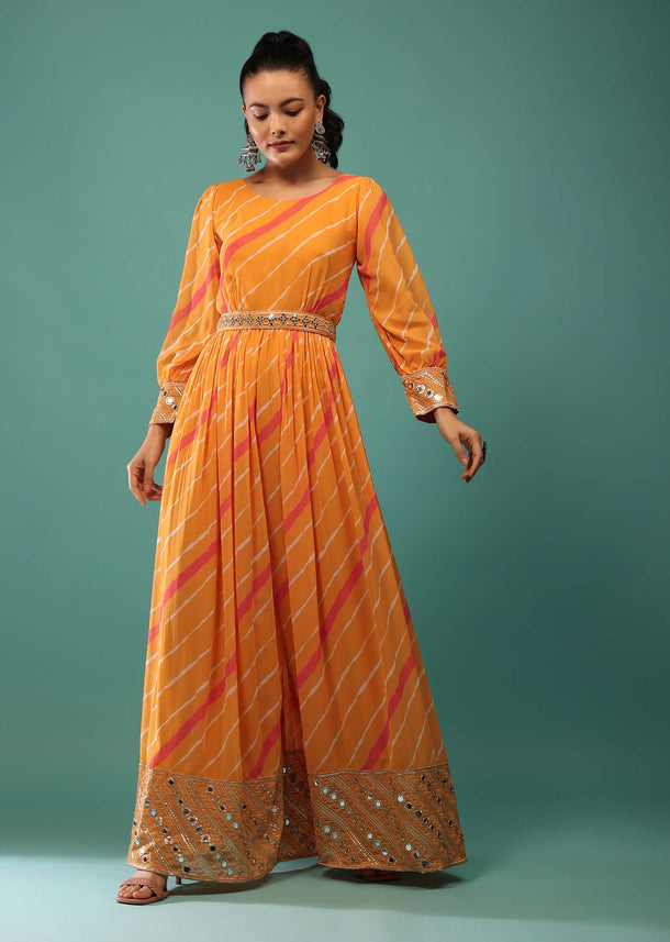 Yellow Jumpsuit With Leheriya Print And Mirror Work