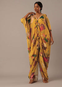 Yellow Kaftan Style Kurta Set With Floral Prints