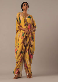 Yellow Kaftan Style Kurta Set With Floral Prints