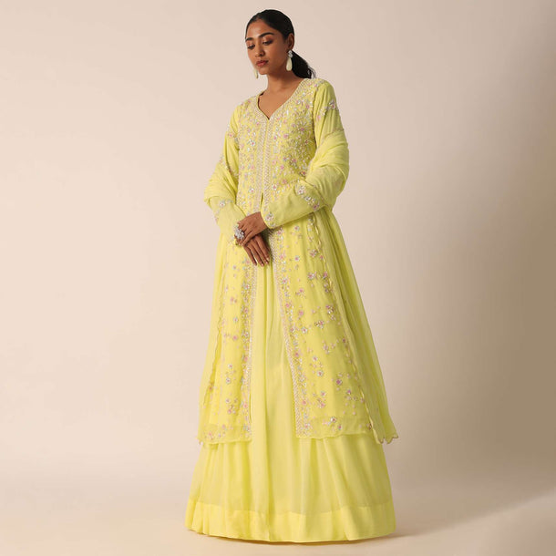 Yellow Kurta And Skirt Set With Cutdana Work