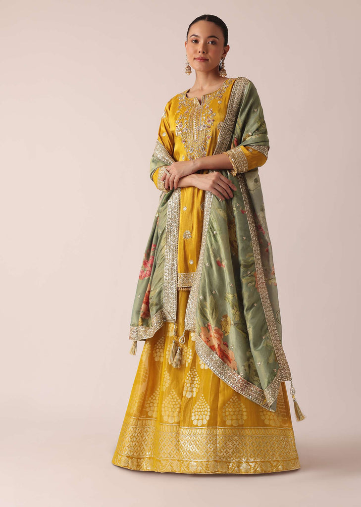 Yellow Kurta Palazzo Set With Brocade Print