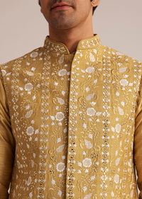 Yellow Kurta Pant Set With Embroidered Nehru Jacket
