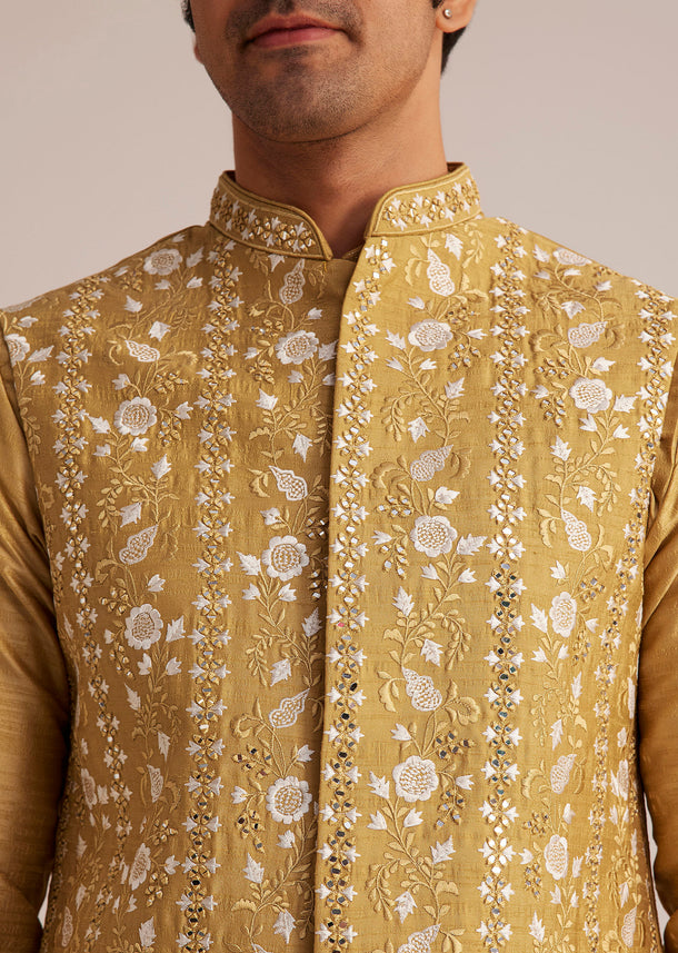 Yellow Kurta Pant Set With Embroidered Nehru Jacket