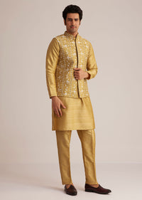 Yellow Kurta Pant Set With Embroidered Nehru Jacket