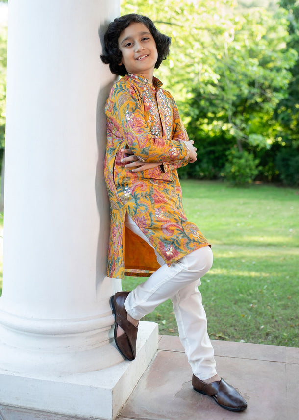 Yellow Kurta Pant With Thread And Mirror Work For Boys