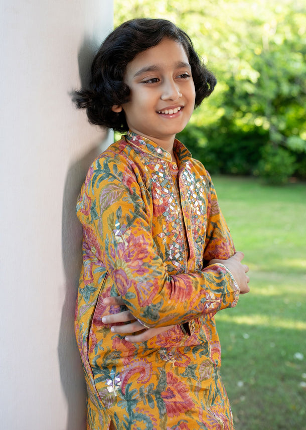 Yellow Kurta Pant With Thread And Mirror Work For Boys