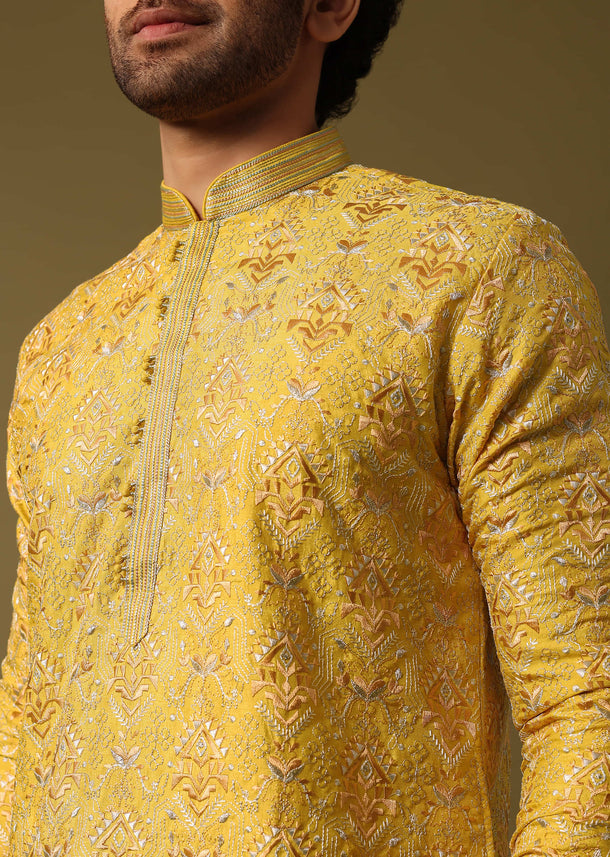 Yellow Kurta Pyjama With Resham Work For Men