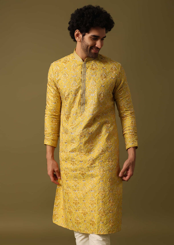 Yellow Kurta Pyjama With Resham Work For Men