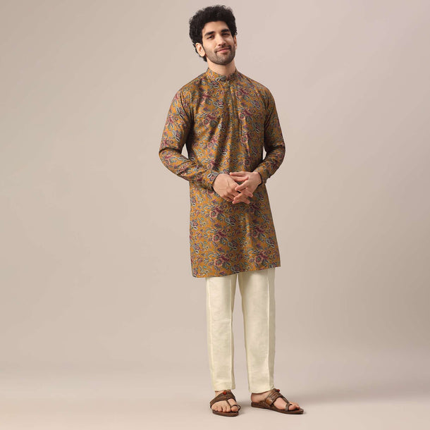 Yellow Kurta Set In Cotton Silk With Multi Color Floral Prints