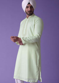 Yellow Kurta Set In Raw Silk With Threadwork