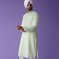 Yellow Kurta Set In Raw Silk With Threadwork