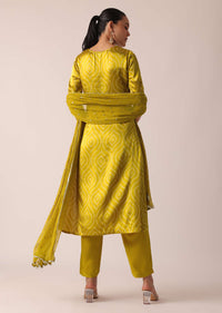 Yellow Kurta Set In Satin With Foil Mirror Work