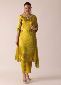 Yellow Kurta Set In Satin With Foil Mirror Work