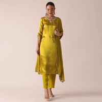 Yellow Kurta Set In Satin With Foil Mirror Work