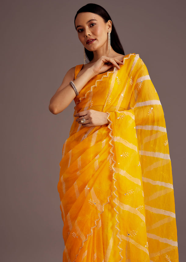 Yellow Lehariya Embroidered Organza Saree