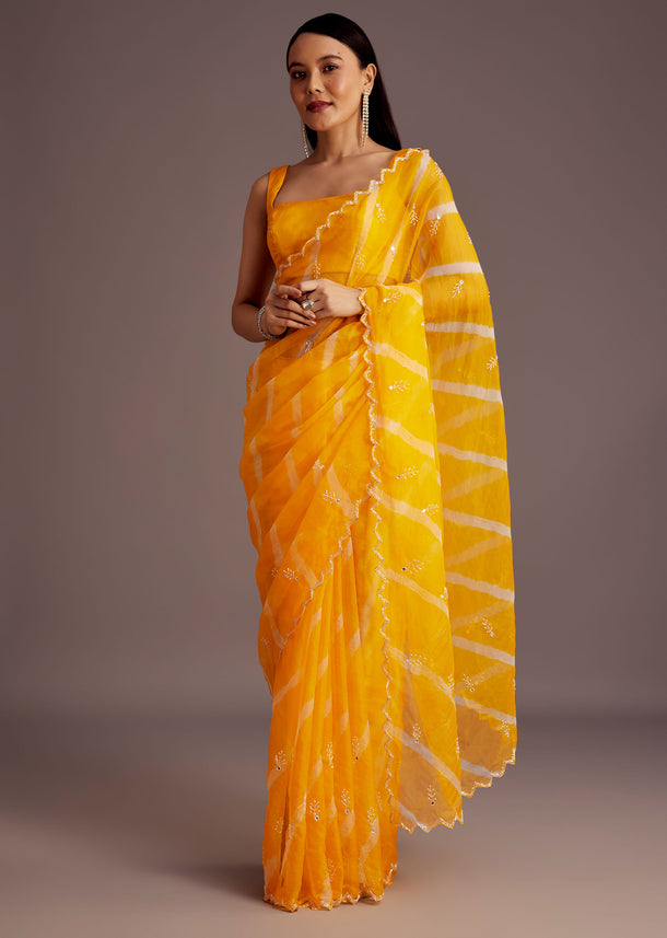 Yellow Lehariya Embroidered Organza Saree