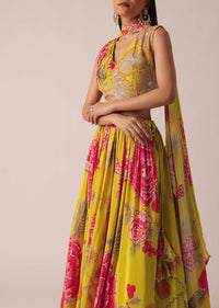 Yellow Lehenga Set With Floral Motif Print