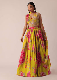 Yellow Lehenga Set With Floral Motif Print