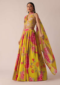 Yellow Lehenga Set With Floral Motif Print