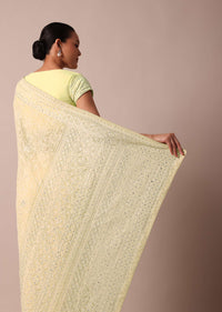 Yellow Lucknowi Chikankari Sequin Saree With Unstitched Blouse Piece