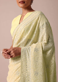 Yellow Lucknowi Chikankari Sequin Saree With Unstitched Blouse Piece