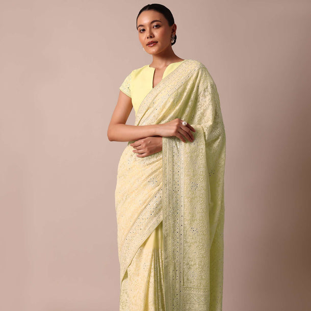 Yellow Lucknowi Chikankari Sequin Saree With Unstitched Blouse Piece