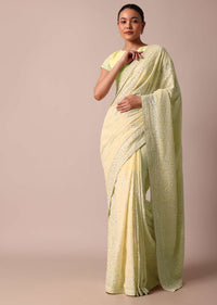 Yellow Lucknowi Chikankari Sequin Saree With Unstitched Blouse Piece