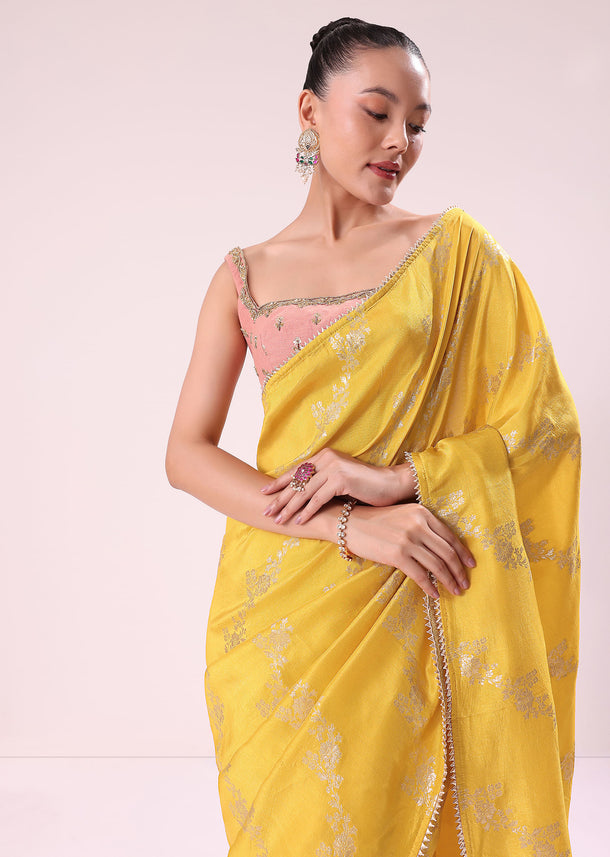Yellow Lurex Dola Saree With Gold Beaded Embroidered Stitched Blouse