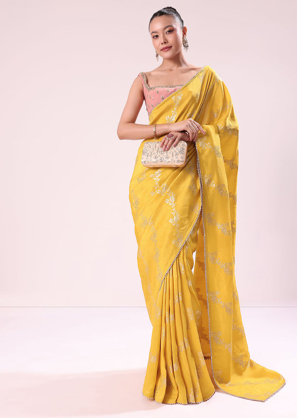 Yellow Lurex Dola Saree With Gold Beaded Embroidered Stitched Blouse