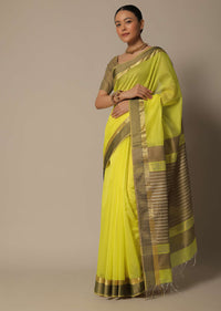 Yellow Maheshwari Chanderi Silk Saree With Jute Woven Pallu