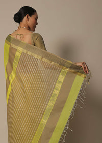 Yellow Maheshwari Chanderi Silk Saree With Jute Woven Pallu