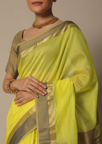 Yellow Maheshwari Chanderi Silk Saree With Jute Woven Pallu