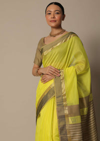 Yellow Maheshwari Chanderi Silk Saree With Jute Woven Pallu