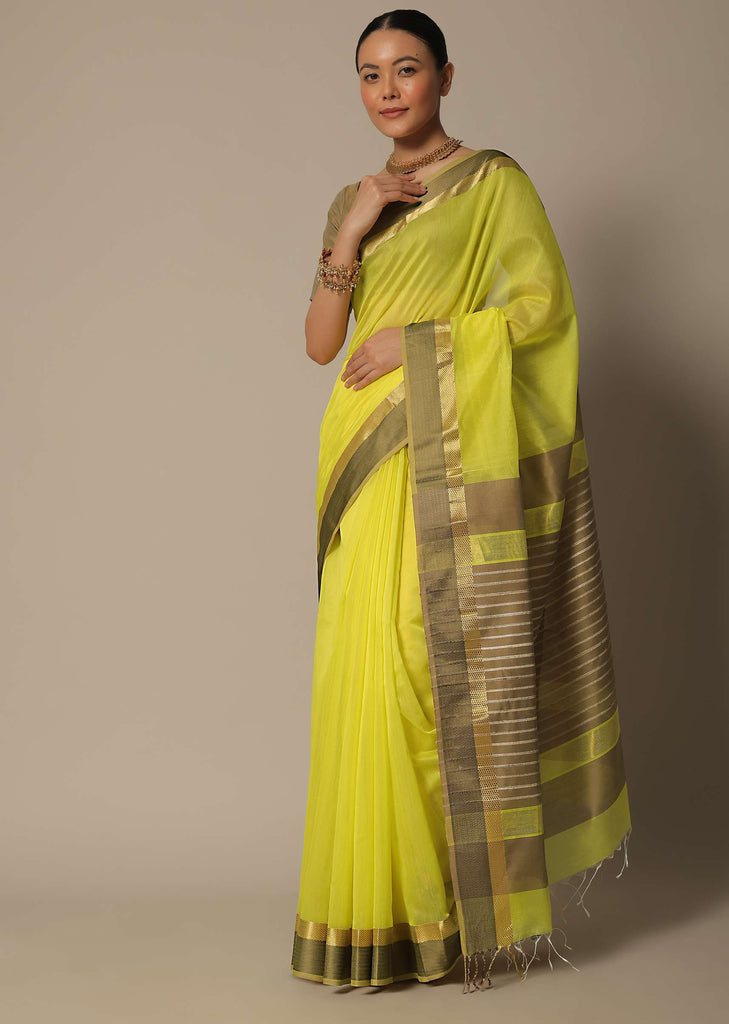 Yellow Maheshwari Chanderi Silk Saree With Jute Woven Pallu