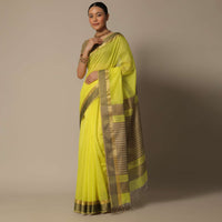 Yellow Maheshwari Chanderi Silk Saree With Jute Woven Pallu