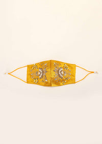 Yellow Mask In Satin Silk With Moti And Zardosi Embroidered Floral Motif