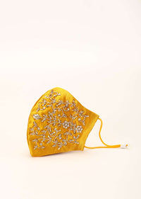 Yellow Mask In Satin Silk With Moti And Zardosi Embroidered Design All Over