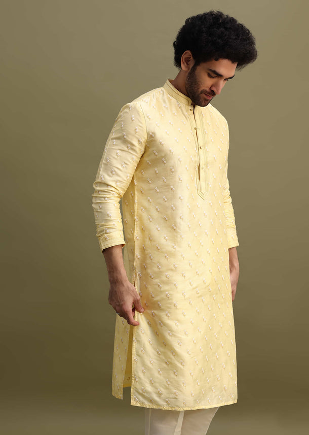 Yellow Men Kurta Set With Threadwork